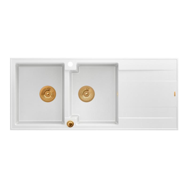Quadri Luton dvojitý granitový dřez bílý s odkapávací plochou 116x50 cm s měděnou zátkou 1208967359