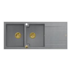 Quadri Luton vestavěný dvojitý granitový dřez šedý s odkapávací plochou 116x50 cm se zlatou zátkou 1208967361