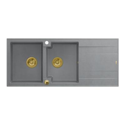 Quadri Luton vestavěný dvojitý granitový dřez šedý s odkapávací plochou 116x50 cm se zlatou zátkou 1208967361