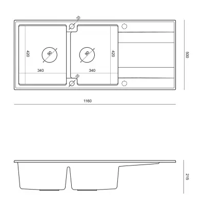 Quadri Luton vestavný dvojitý granitový dřez antracit s odkapávačem 116x50 cm se zlatou výpustí 1208967364