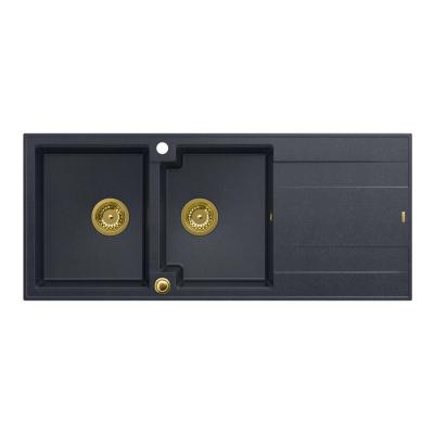 Quadri Luton vestavný dvojitý granitový dřez antracit s odkapávačem 116x50 cm se zlatou výpustí 1208967364