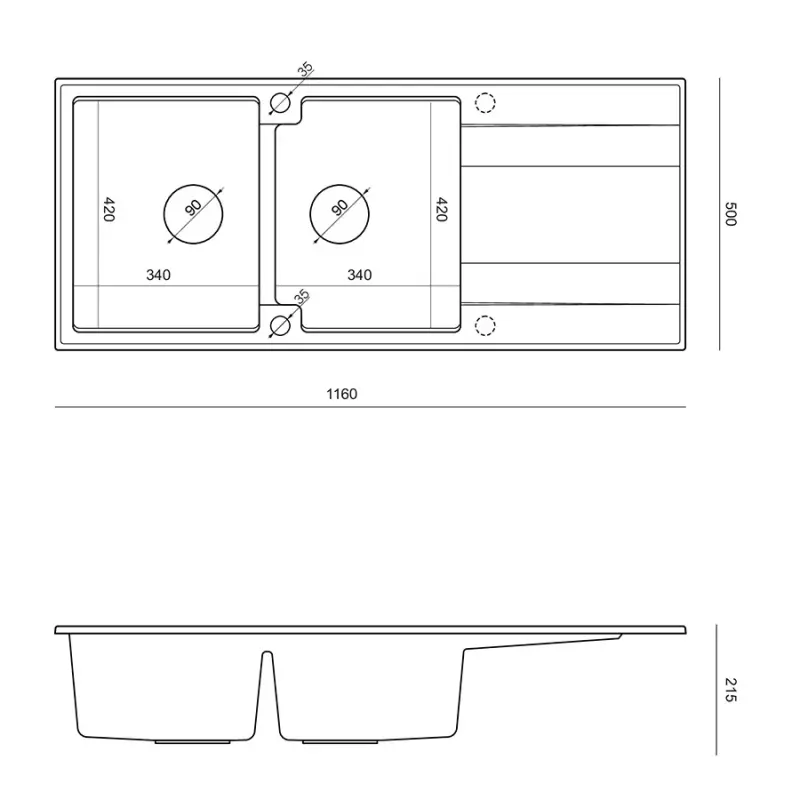 Quadri Luton vestavný dvojitý granitový dřez antracit s odkapávačem 116x50 cm se zlatou výpustí 1208967364