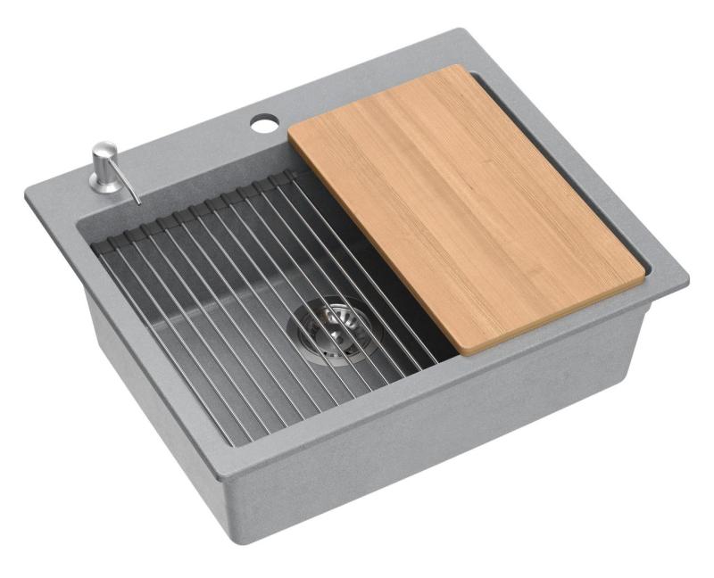 Quadri Durham šedý granitový nástavbový dřez 595x500 se dávkovačem na mýdlo, prkénkem na krájení, vloženým dřezem a rolovací podložkou 1208967378