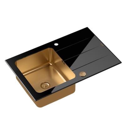 Quadri Glazz montovaný měděný dřez s černou skleněnou odkapávačkou 78x50 oboustranný 1208967406