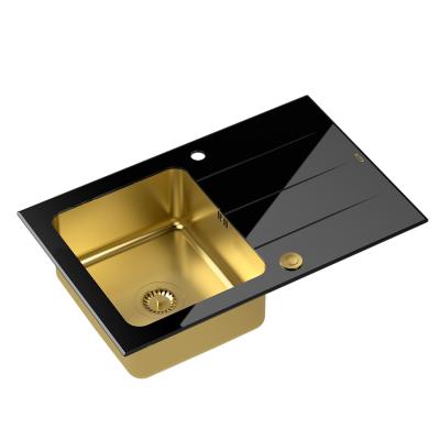 Quadri Glazz vestavěný zlatý dřez s černou skleněnou odkapávací částí 78x50 reverzibilní 1208967407