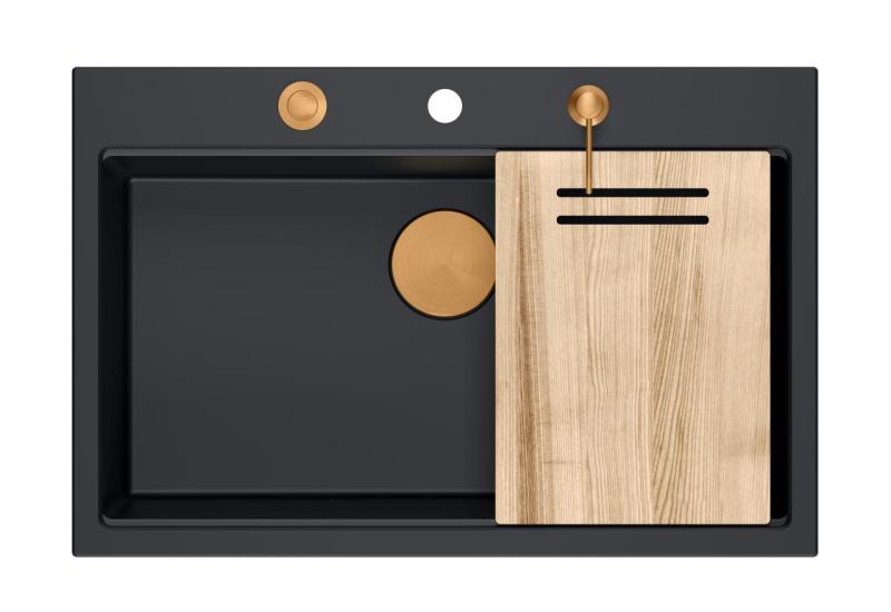 Quadri Hard Rock matně černý žulový nástavec velký dřez 76x50cm včetně měděné zátky a příslušenství 1208967423