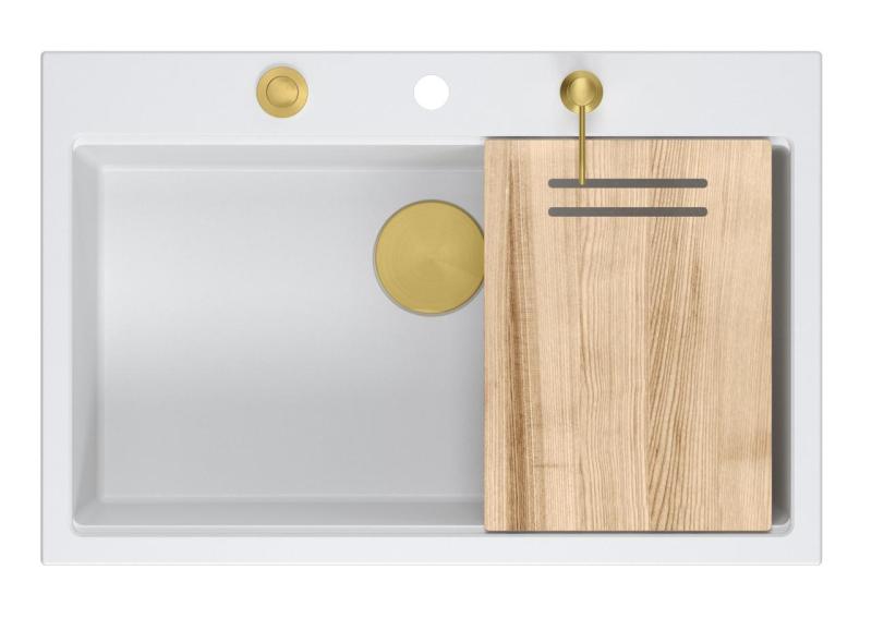Quadri Hard Rock bílý žulový dřez s velkou nádobou 76x50cm včetně zlaté zátky a příslušenství 1208967424