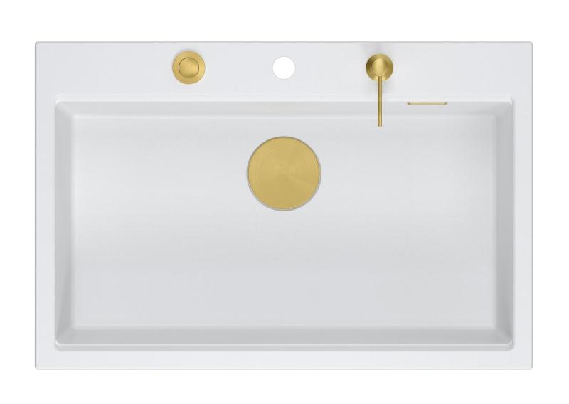 Quadri Hard Rock bílý žulový dřez s velkou nádobou 76x50cm včetně zlaté zátky a příslušenství 1208967424