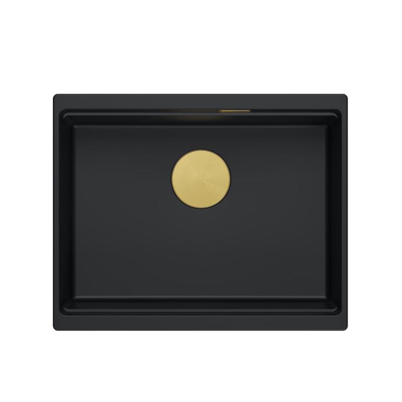 Quadri Newport II granitový podstavný černý dřez 560x450 mm se zlatou zátkou a odtokovou krytkou 1208967449
