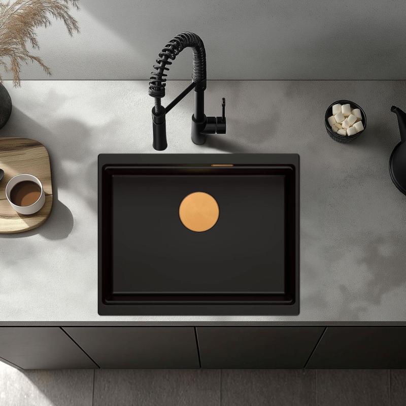 Quadri Newport II žulový podstavný černý dřez 560x450mm s měděnou zátkou a odtokovým víčkem 1208967450