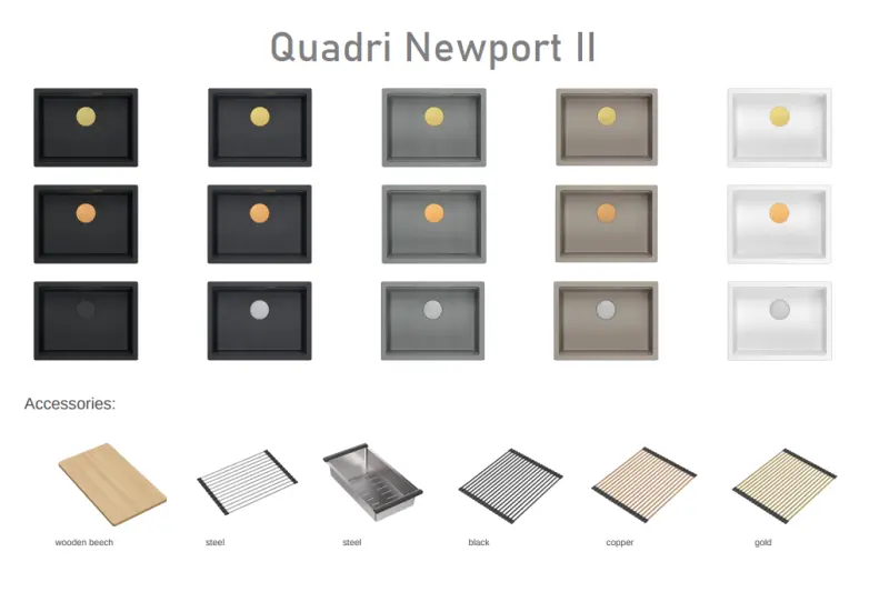 Quadri Newport II žulový podstavný šedý dřez 560x450mm s měděnou zátkou a odtokovým víčkem 1208967458