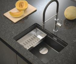 Quadri Newport II žulový podmontážní antracitový dřez 560x450mm  s nerezovou zátkou a odtokovou krytkou 1208967459