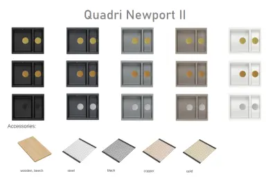 Quadri Newport II granite white inset and undermount sink 1,5-bowl 555x460mm  with golden manual siphon 1208967462
