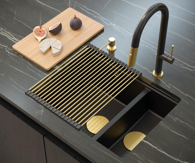 Quadri Newport II černý 1,5 dřez žulový horní a spodní instalační dřez 555x460mm se zlatou zátkou 1208967464