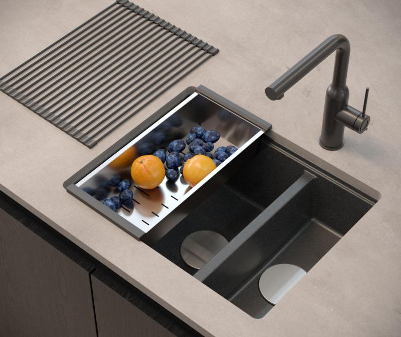 Quadri Newport II antracit 1,5 dřez žulový nástavec a spodní montážní dřez 555x460mm s nerezovou zátkou 1208967472