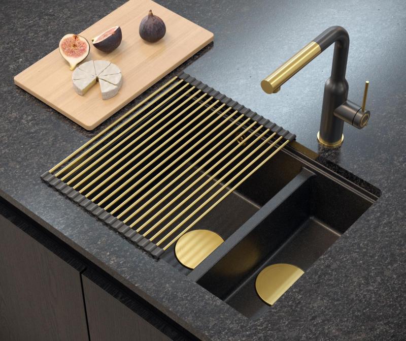 Quadri Newport II antracitový 1,5 dřez žulový nadstavbový a podstavbový dřez 555x460mm se zlatou zátkou 1208967473