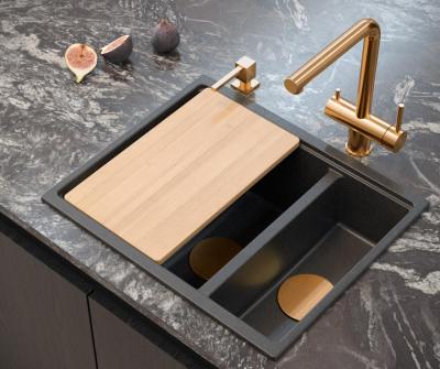 Quadri Newport II antracitový dřez s granitovým povrchem, 1,5 umyvadlo, montáž na pracovní desku a spodní montáž, 555x460 mm s měděnou zátkou 1208967474