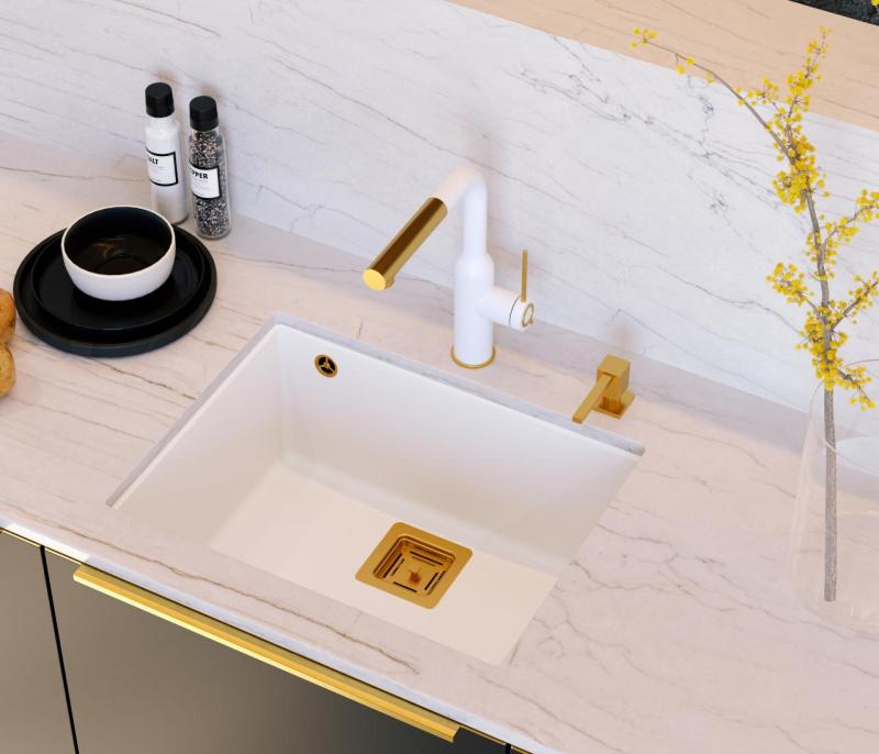 Quadri Quadrangle bílý žulový vestavný dřez 55x42 cm s měděnou zátkou 1208967478
