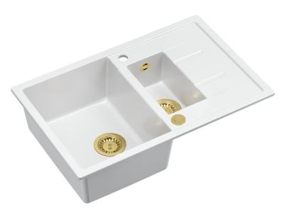 Quadri Brenton bílý žulový dřez 1,5 vaničky s odkapávačem 78x50cm se zlatou zátkou 1208967551