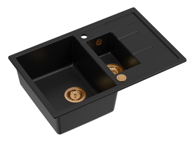 Quadri Brenton černý žulový dřez s odkapávačem 78x50cm s měděnou zátkou 1208967555