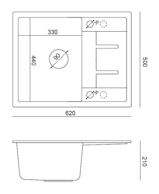 Quadri Dalton antracitový žulový vestavný dřez s odkapávací plochou 62x50 cm s nerezovým uzávěrem 1208967570