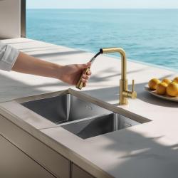 Pure.Sink Elite Steel Spark-S kuchyňská baterie PVD kartáčované zlato s výsuvnou hubicí PS8041-60.