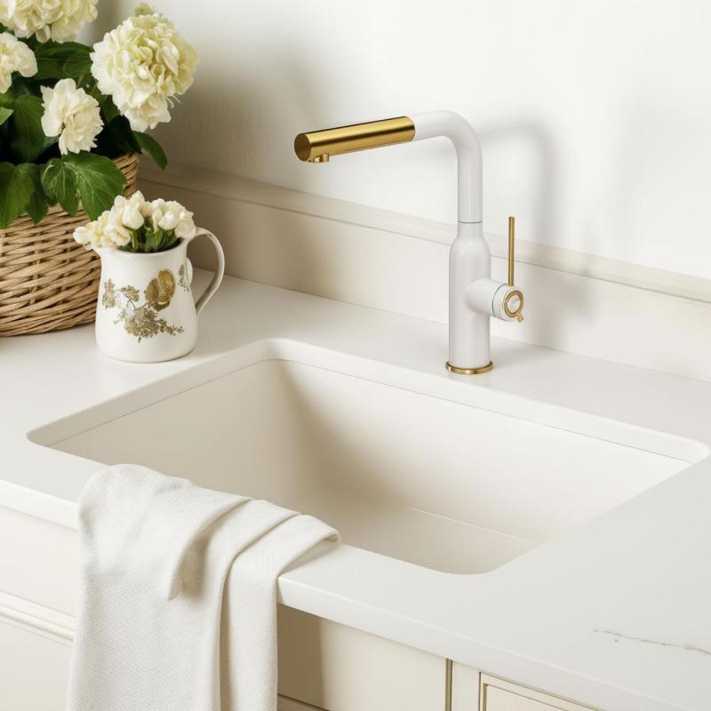 Quadri Stamford Kuchyňská Baterie Bílá s PVD Zlatým Povrchem a Vyjímatelným Výtokem 1208967686