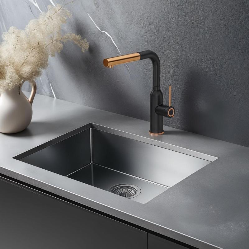 Quadri Stamford Kuchyňská Baterie Černá s PVD Měděnou Úpravou a Vytahovací Hubicí 1208967689