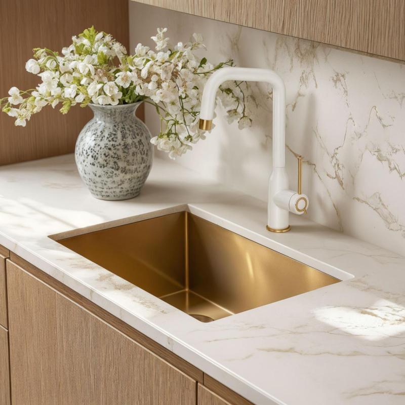 Quadri Stamford Kuchyňská Baterie Bílá s PVD Zlatou Úpravou s Otočným Pravouhlým Výtokem 1208967697