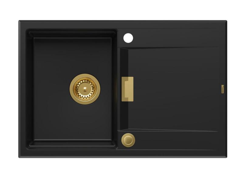 Quadri Minton Granitový Dřez Černý 76x50 cm s Odkapávačem Otočný a Zlatá Zátka 1208967739