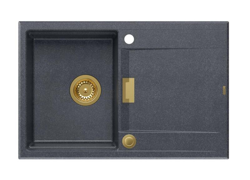 Quadri Minton Žulový Nástavný Antracitový Dřez 76x50cm s Odkapávačem, Obojestranný a Zlatou Zátkou - 1208967745