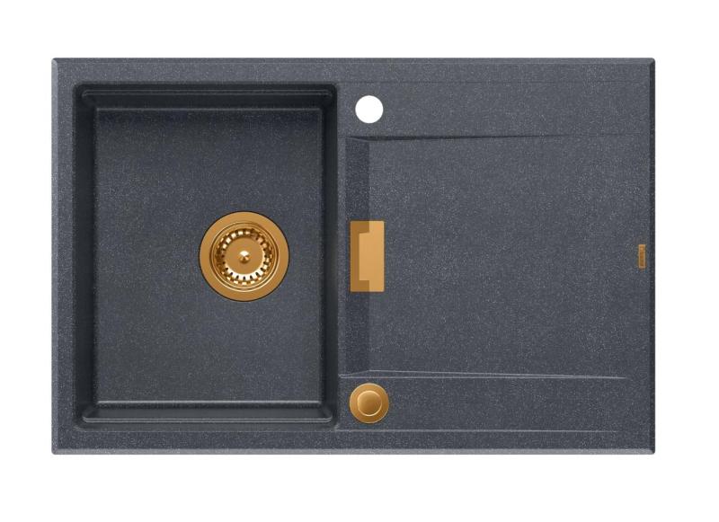 Quadri Minton Žulový Dřez Antracitový 76x50 cm s Odkapávačem, Otočný a Měděnou Zátkou - 1208967746