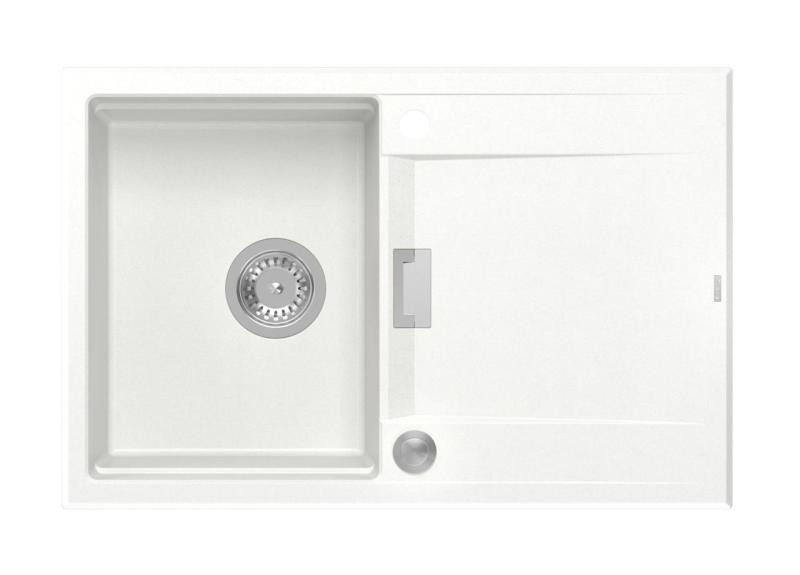 Quadri Minton Granitový Dřez Bílý 76x50cm s Odkapávačem Oboustranný a Nerezová Zátka - 1208967747