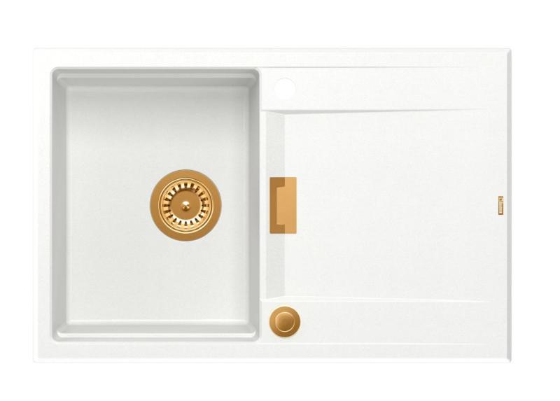 Quadri Minton Granitový Dřez Bílý 76x50cm s Odkapávačem Reverzibilní a Měděnou Zátkou - 1208967749