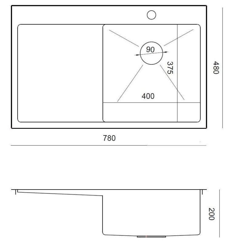 Aquadesign Clara Dřez Nerez s Pravou Miskou 78x48cm Povrchová nebo Rovná Montáž s Odkapávací Plochu, Otvor pro Baterii a Nerezovou Zátku - 1208967754
