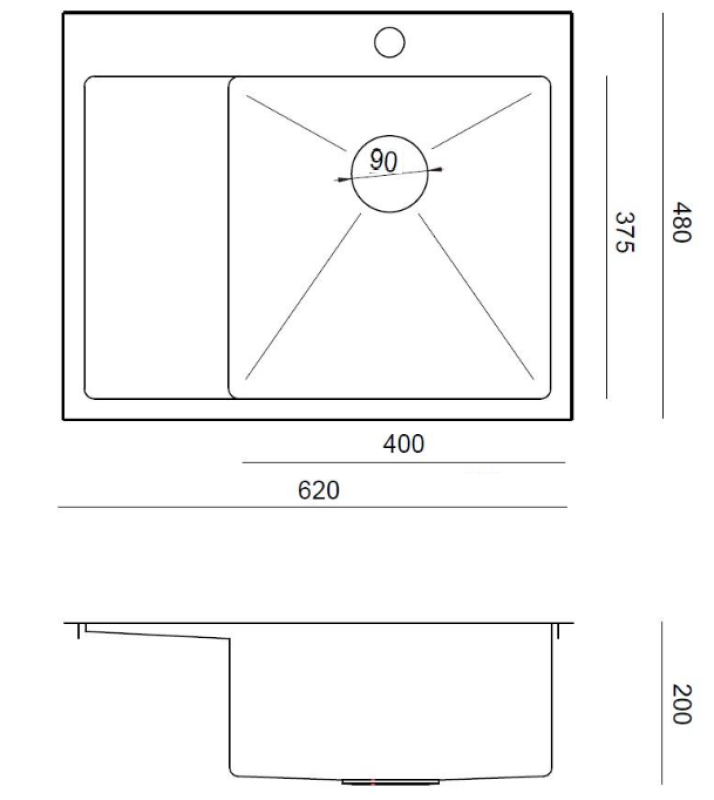 Aquadesign Clara Dřez Nerezová Ocel s Pravostrannou Miskou 62x48cm Vestavěný nebo Plochý Vestavěný s Odkapávačem, Bankem na Otvory pro Baterii a Nerezovou Zátkou - 1208967755