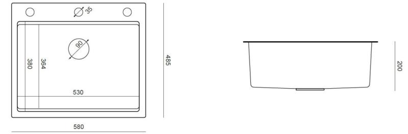 Aquadesign Vesta Nerezový Dřez 580x485 cm Sestavení a Ploché Vestavění s Bankem pro Otvor na Baterii, včetně Nerezové Zátky a Příslušenství - 1208967763