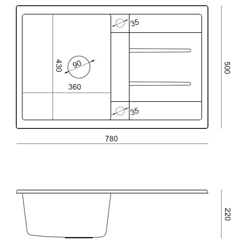 Quadri Sheffield Antracitový Granitový Nástavný Dřez 78x50cm s Odkapávací Plochou a Zlatou Zátkou - 1208967795
