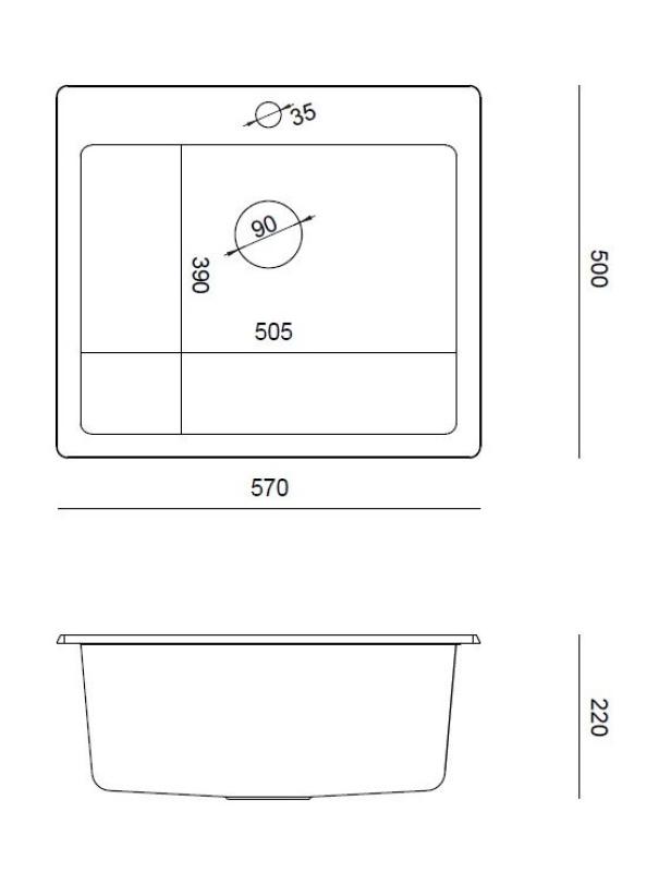 Quadri Sheffield Antracitový Granitový Vestavný nebo Na Vestavbu Dřez 57x50 cm s Otvorem pro Baterii a Nerezovou Zátkou - 1208967811