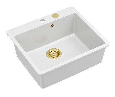 Quadri Sheffield Bílý Granitový Dřez na Desku nebo do Úrovně 57x50 cm s Otvorem pro Baterii a Zlatou Zátkou - 1208967817