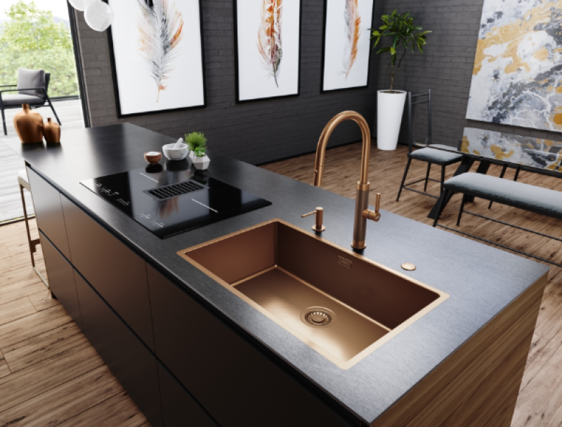 Franke Mythos Masterpiece Kuchyňská baterie Měď s J-ramenem a výsuvnou sprchovou hlavicí - 115.0711.557