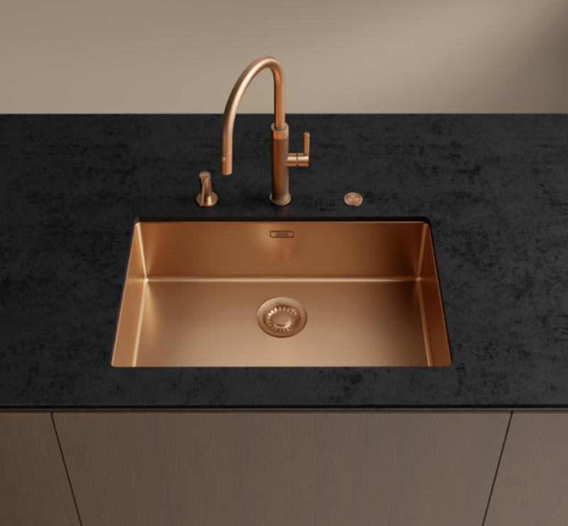 Franke Mythos Masterpiece Kuchyňská baterie Měď s J-ramenem a výsuvnou sprchovou hlavicí - 115.0711.557