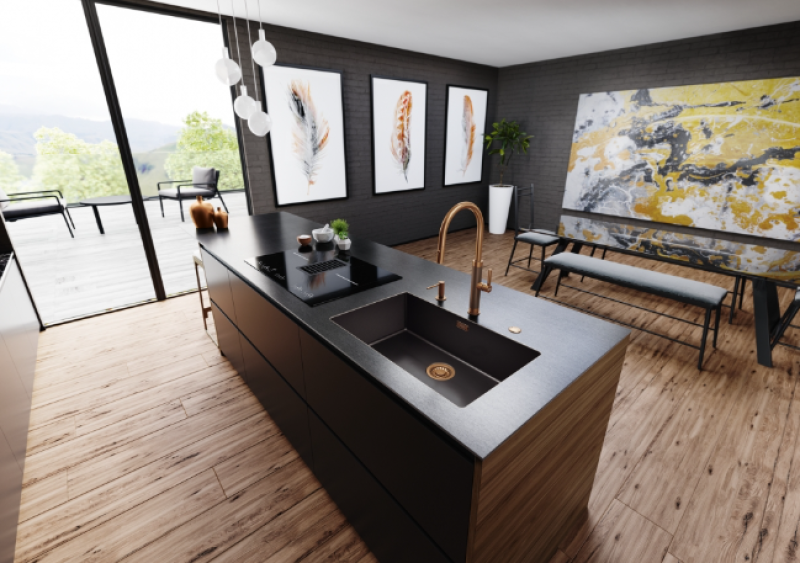 Franke Mythos Masterpiece Kuchyňská baterie Měď s J-ramenem a výsuvnou sprchovou hlavicí - 115.0711.557