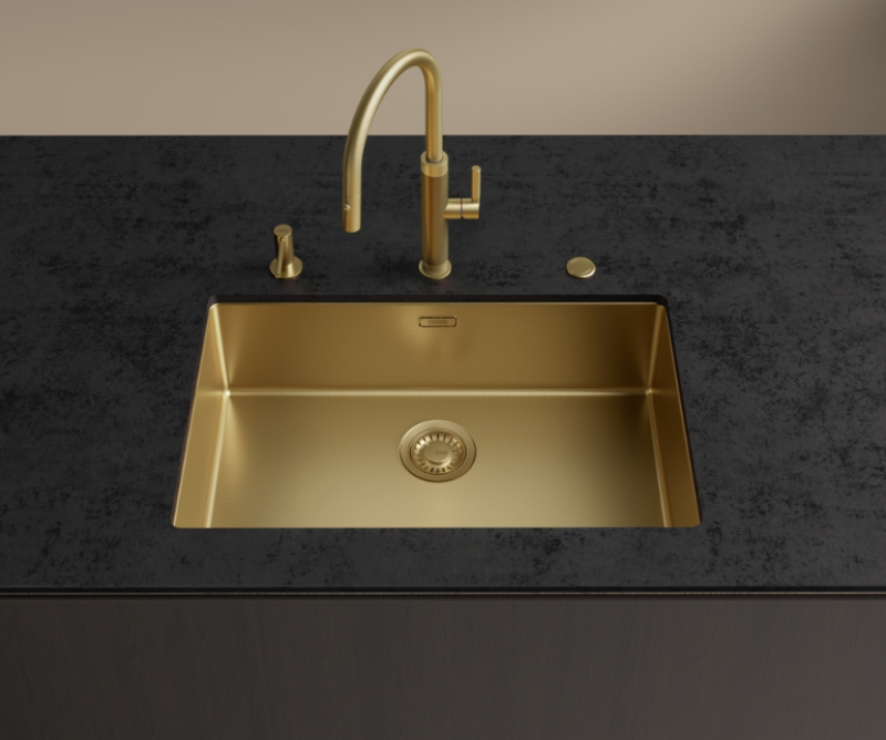 Franke Mythos Masterpiece Kuchyňská baterie Zlatá s J-výtokem a Vytahovací sprchovou hlavicí - 115.0711.558