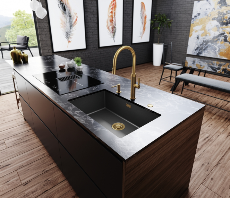 Franke Mythos Masterpiece Kuchyňská baterie Zlatá s J-výtokem a Vytahovací sprchovou hlavicí - 115.0711.558