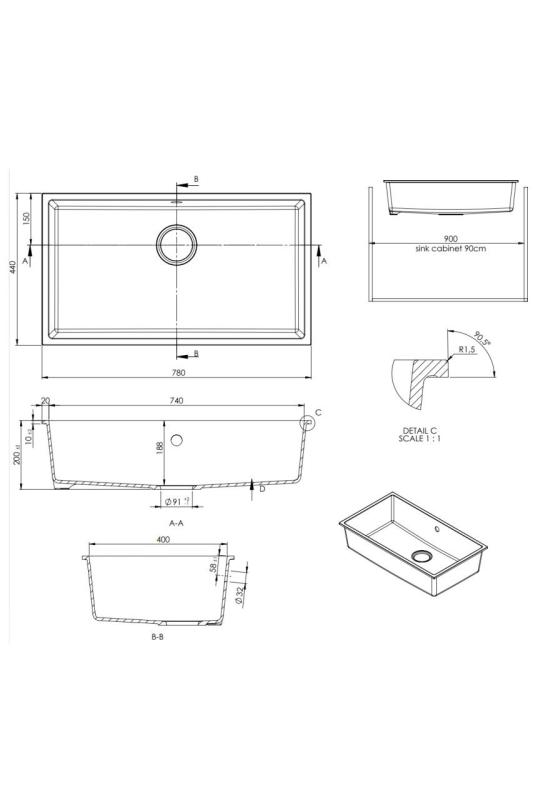 GraniteMy Universal Velký Bílý Žulový Dřez 74x40 cm s uzávěrem v odstínu gun metal - 1208967895
