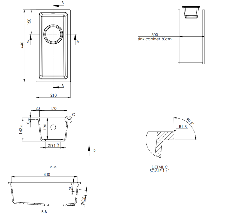 GraniteMy Universal Malý Černý Žulový Dřez 17x40 cm montáž na desku, pod desku a s rovnou montáží s odtokem ve stylu gun metal - 1208967899