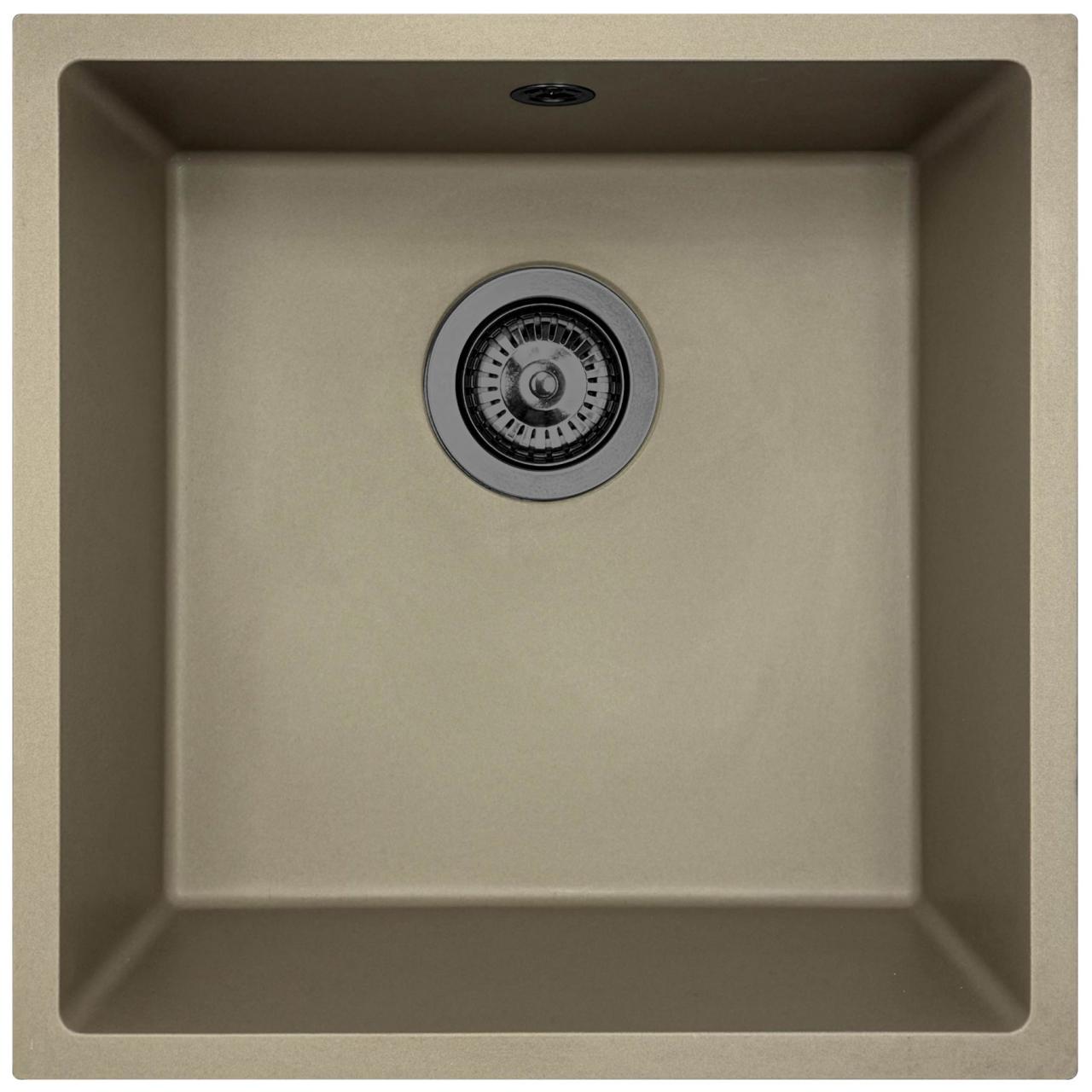 GraniteMy Universal Taupe Žulový Dřez 40x40 cm montáž na pracovní desku, spodní montáž a rovná montáž s gun metal zátkou - 1208967913