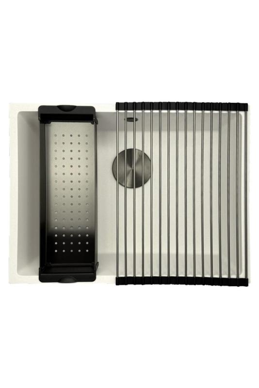 GraniteMy Universal Granitový Bílý Dřez 55x40 cm nástavba, podstavba a plochá montáž s uzávěrem gun metal - 1208967933