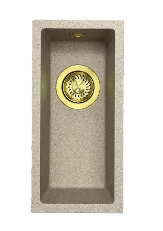 GraniteMy Universal granitový béžový písek malý dřez 17x40 cm na pracovní desku, pod pracovní desku a rovnoběžný se zlatou zátkou 1208968003